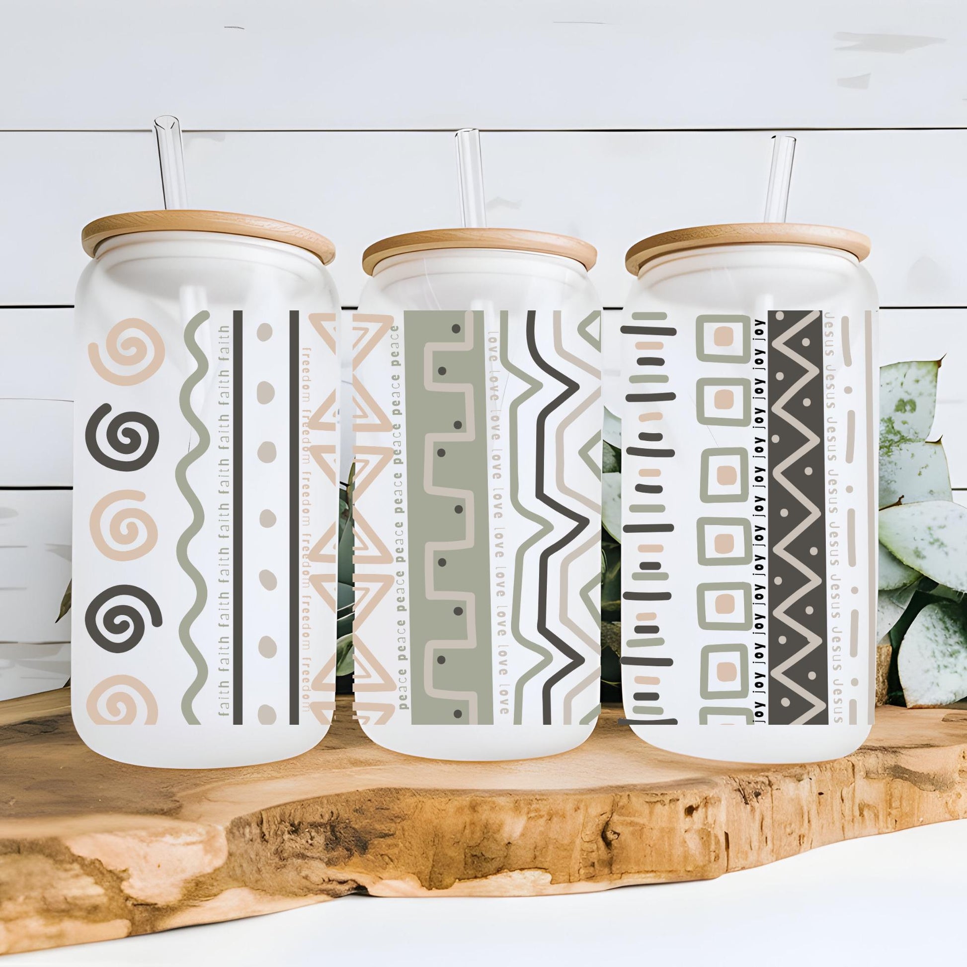 Tribal Print Glass Tumbler 16 OZ with Bamboo Lid - Faith Love Joy Peace