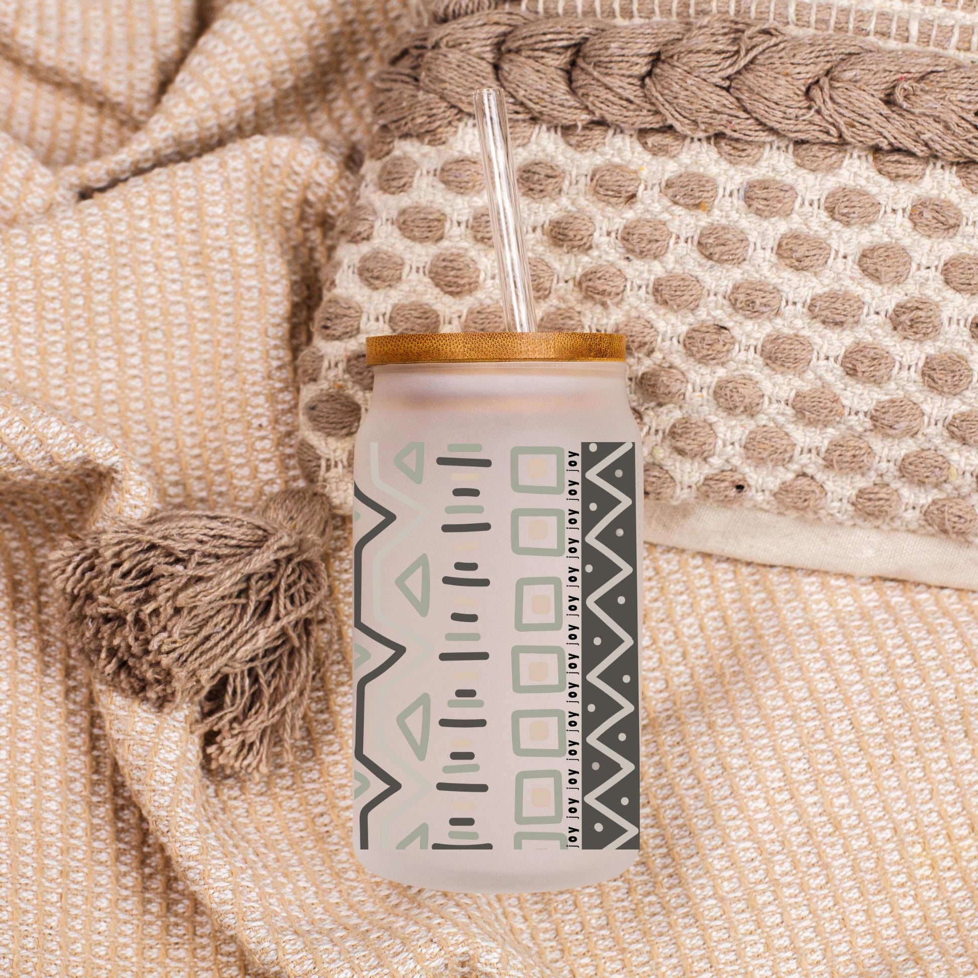Tribal Print Glass Tumbler 16 OZ with Bamboo Lid - Faith Love Joy Peace