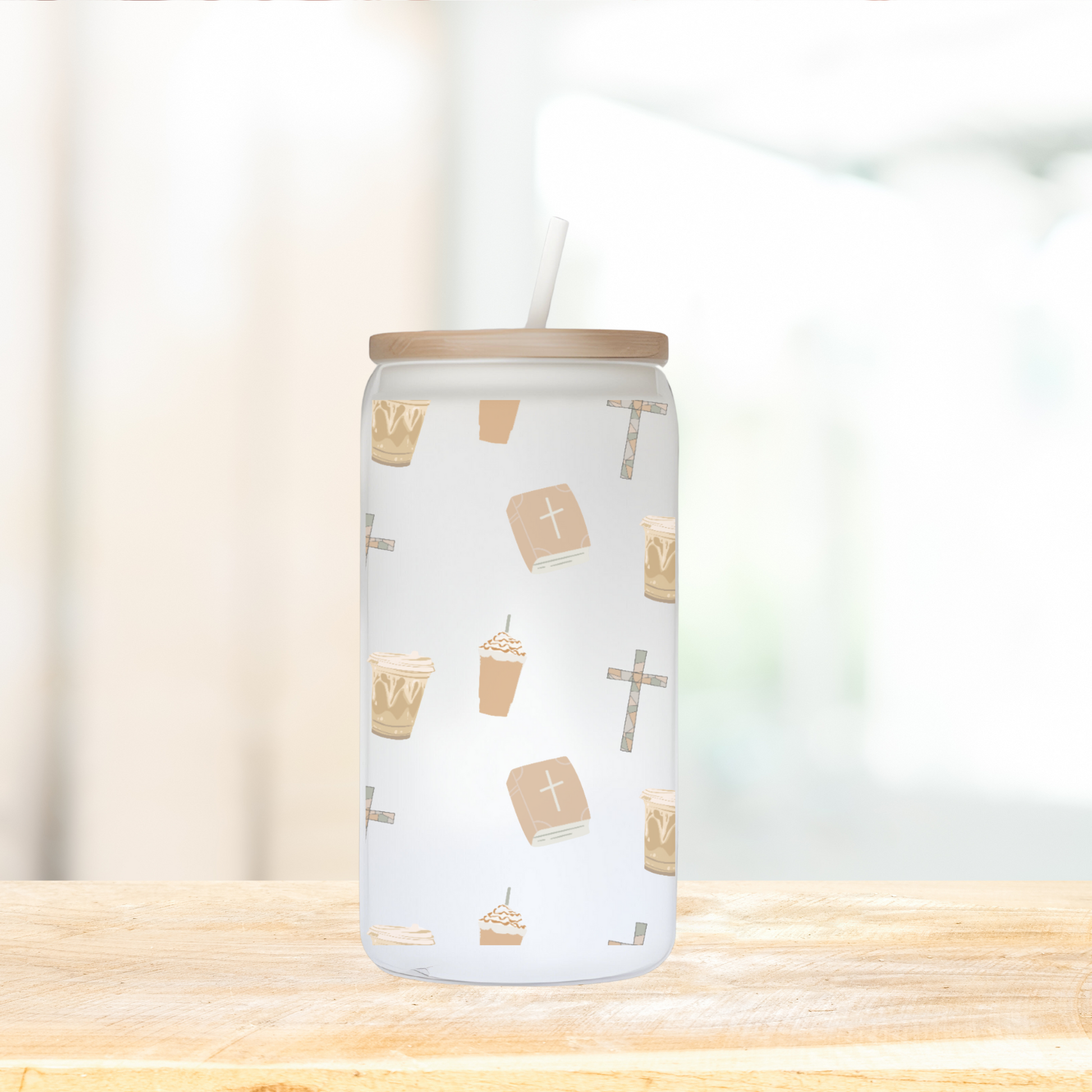Patterned Jesus and Iced Coffee Glass Tumbler with Bamboo Lid 16 oz