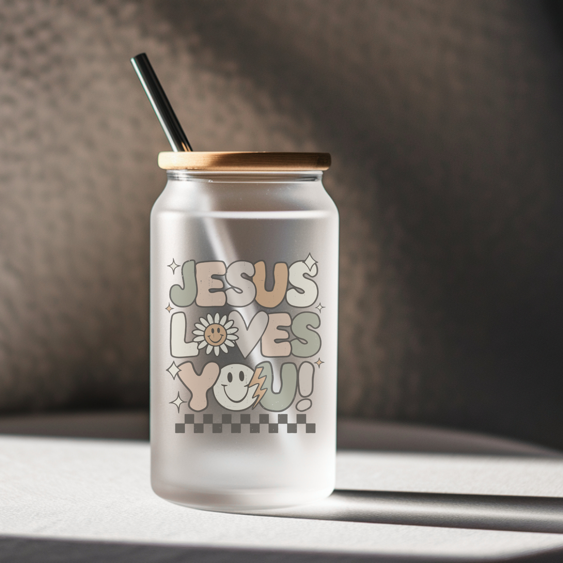 Retro Jesus Loves Me Glass Tumbler with Bamboo Lid 16 oz