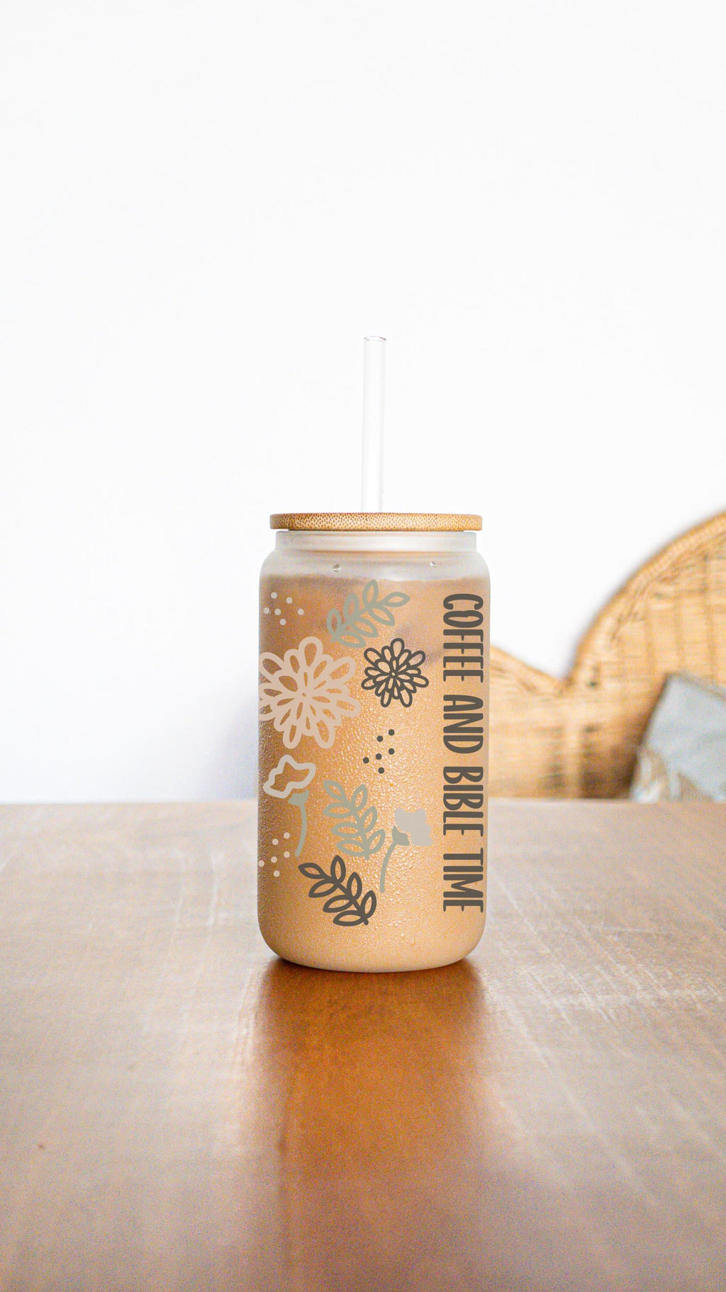 Coffee & Bible Time Frosted Glass Tumbler | Bamboo Lid | 16 oz